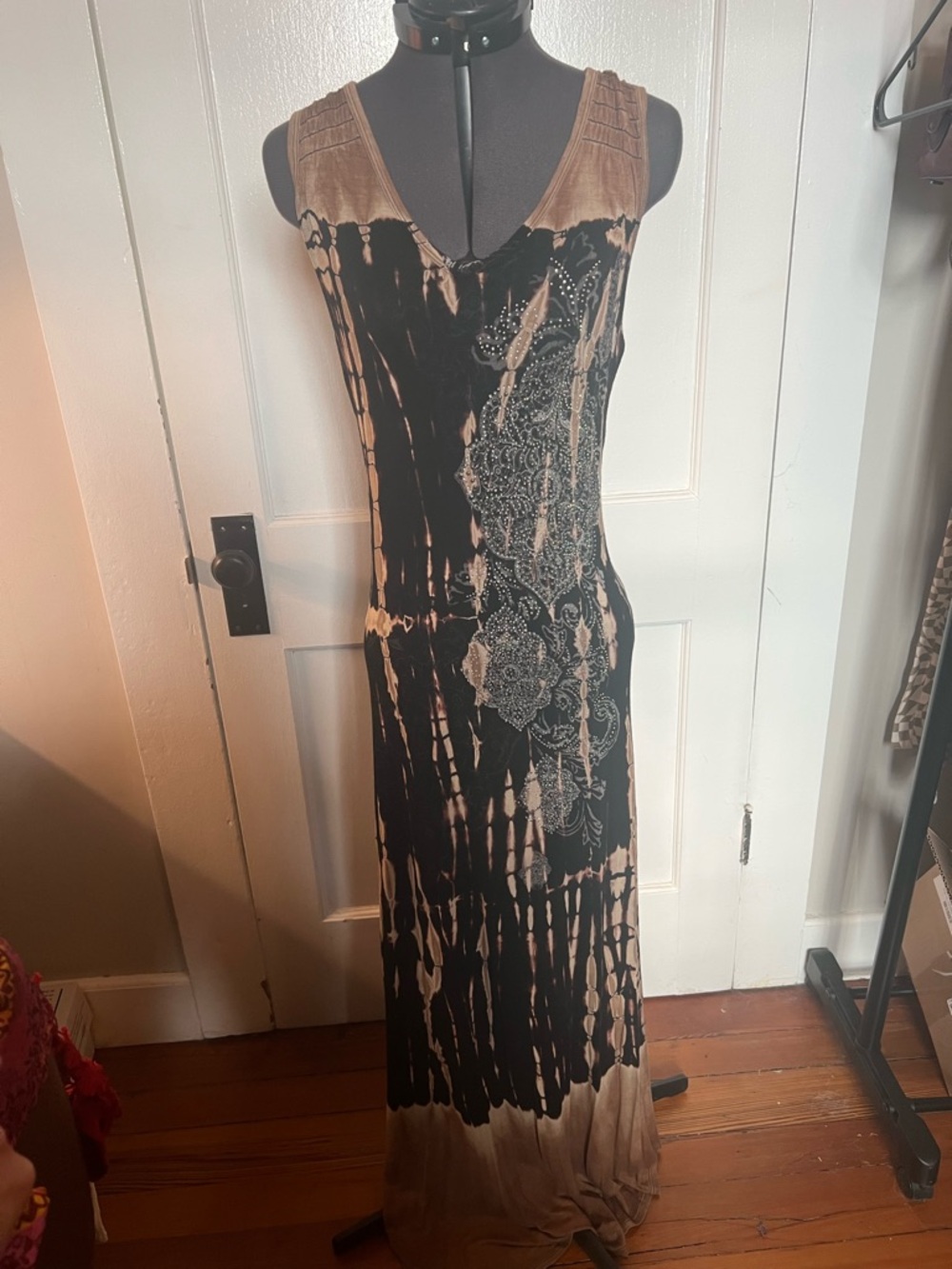Vocal Black and Tan Tie-Dye Maxi Dress with V-Neck